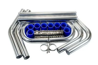 LIZHI - 2.25" 57mm TURBO INTERCOOLER PIPE 2.25" L=600MM CHROME ALUMINUM PIPING PIPE TUBE + T-CLAMP + SILICONE HOSES BLUE WLR1717 - immagine 2