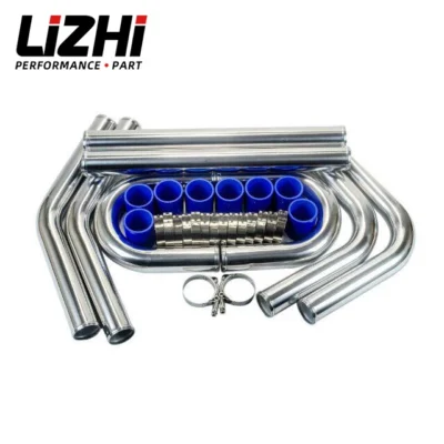 LIZHI - 2.25" 57mm TURBO INTERCOOLER PIPE 2.25" L=600MM CHROME ALUMINUM PIPING PIPE TUBE + T-CLAMP + SILICONE HOSES BLUE WLR1717